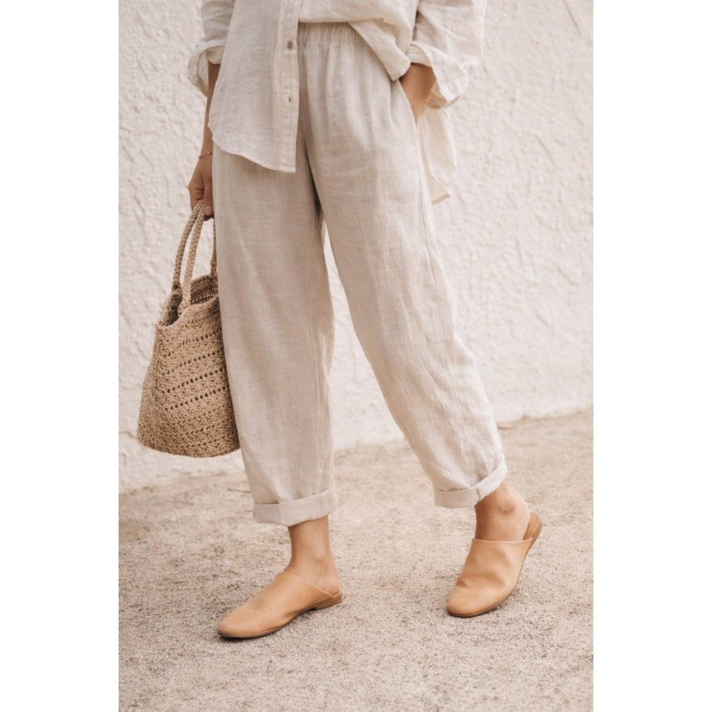Free People Leather Mule Slides 37 Tan Minimalist Boho Chic Slip On Flat Loafer